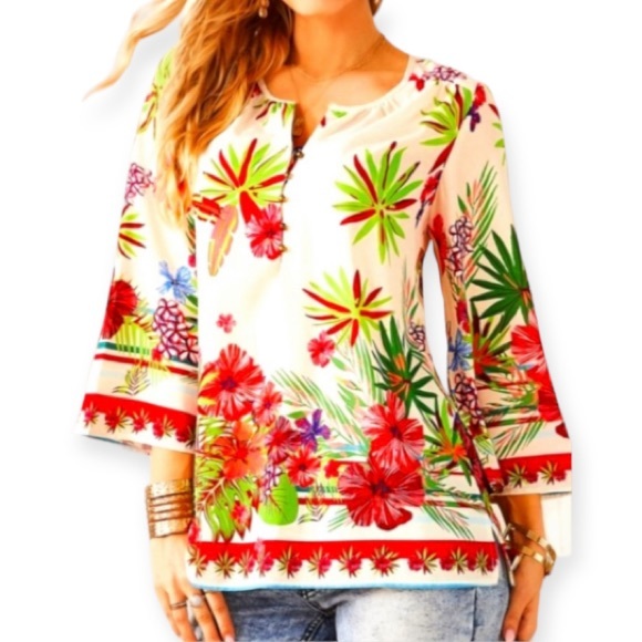 Suzanne Betro Tropical 3/4 Sleeve Top Size Small - Picture 7 of 11